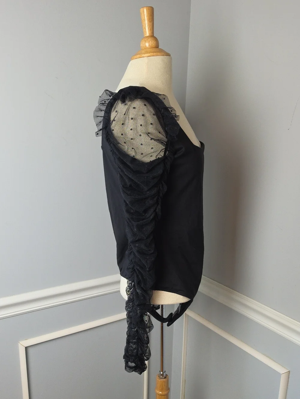 INTIMATELY FREE PEOPLE Must Be Love Polka-Dot Sheer Ruched Sleeve Bodysuit XL